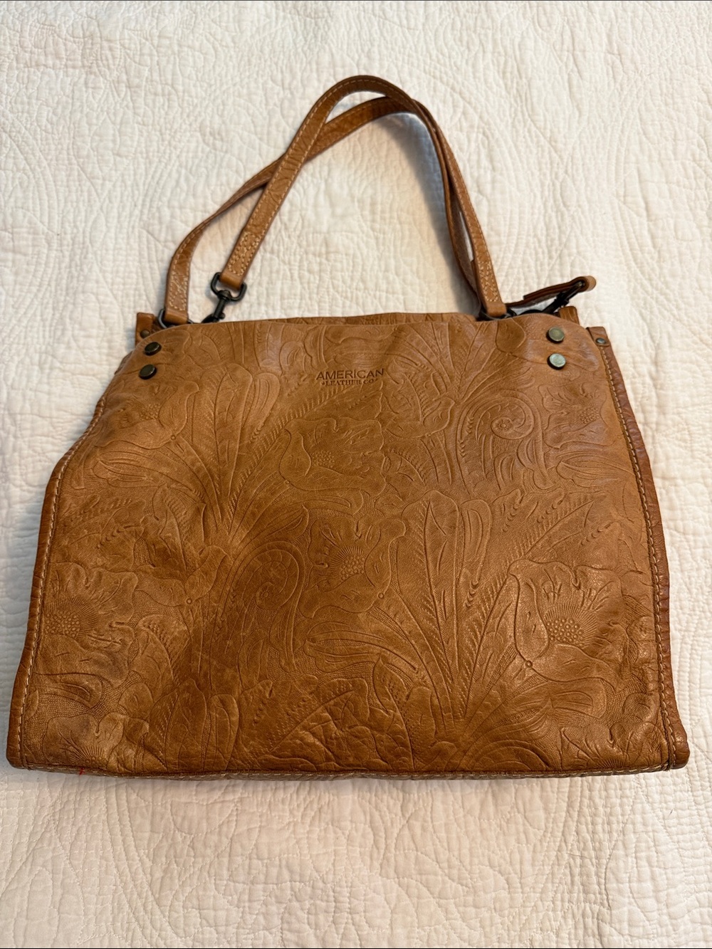 American Leather Co. Embossed Leather Shoulder Bag in Tan
